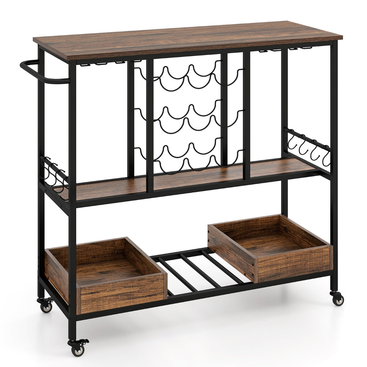 Home Serving Cart on Wheels with Glass Racks for Kitchen Dining Room and Living Room-Rustic Brown