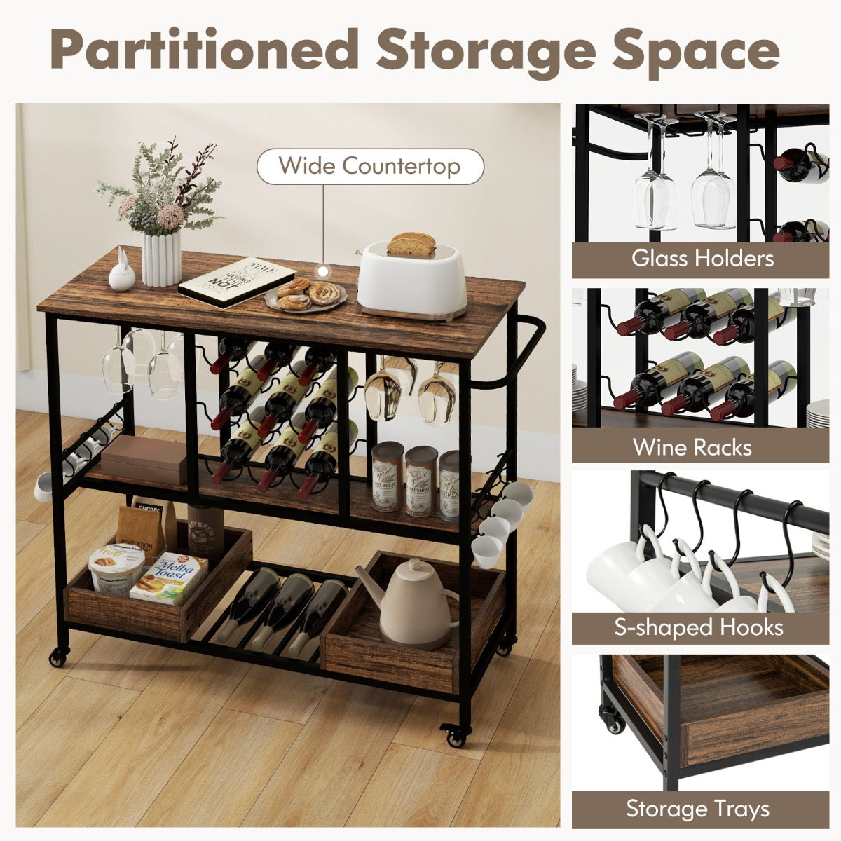 Home Serving Cart on Wheels with Glass Racks for Kitchen Dining Room and Living Room-Rustic Brown