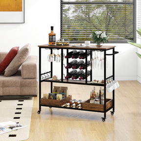 Home Serving Cart on Wheels with Glass Racks for Kitchen Dining Room and Living Room-Rustic Brown