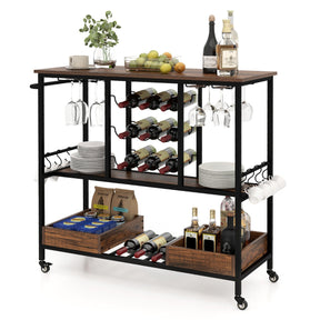 Home Serving Cart on Wheels with Glass Racks for Kitchen Dining Room and Living Room-Rustic Brown
