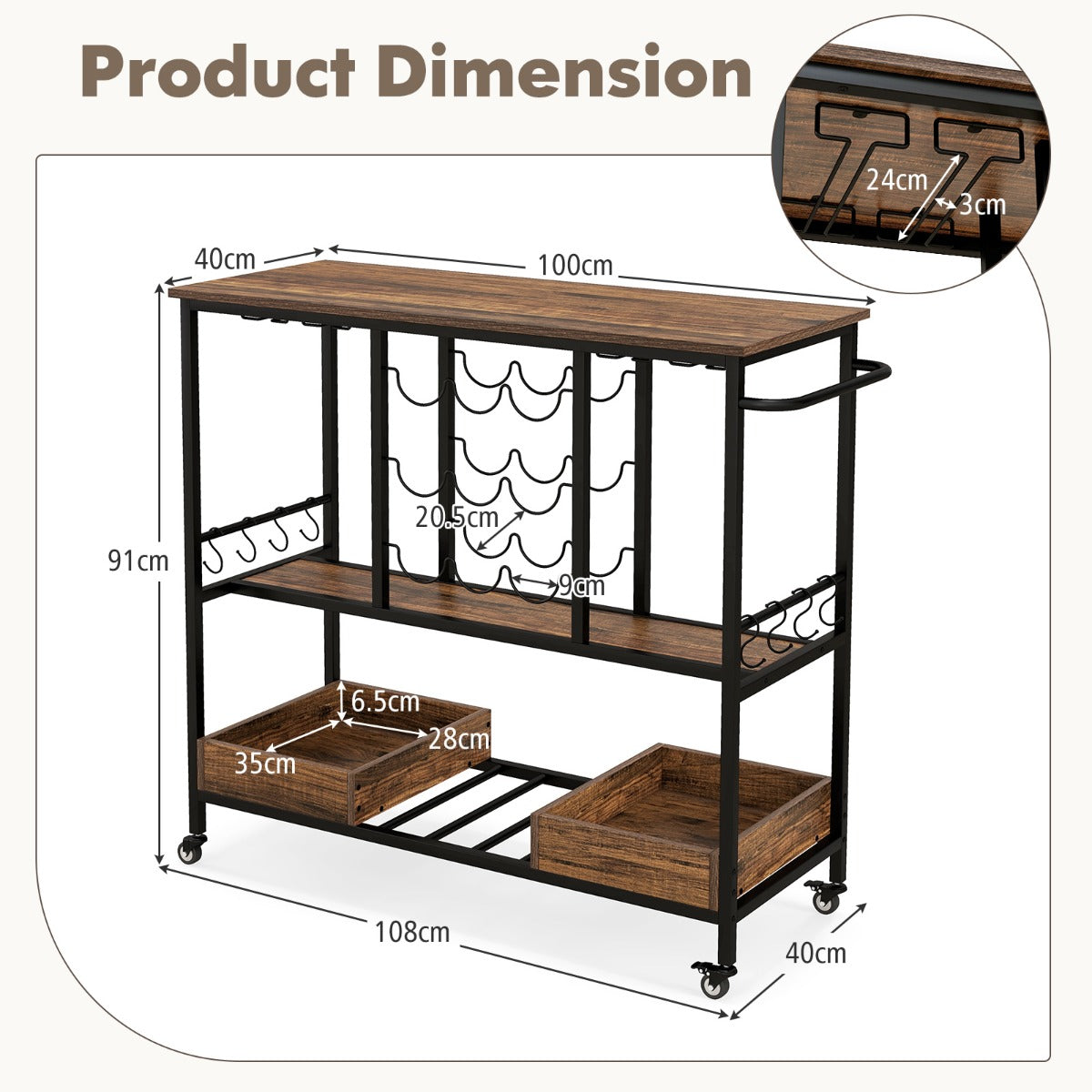 Home Serving Cart on Wheels with Glass Racks for Kitchen Dining Room and Living Room-Rustic Brown