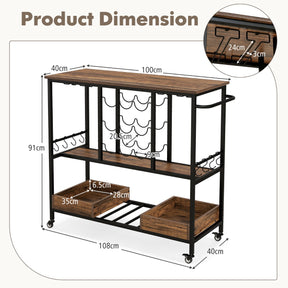 Home Serving Cart on Wheels with Glass Racks for Kitchen Dining Room and Living Room-Rustic Brown
