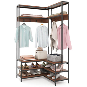 L-shaped Corner Garment Rack Clothes Rack Storage Organizer with Shoe Bench