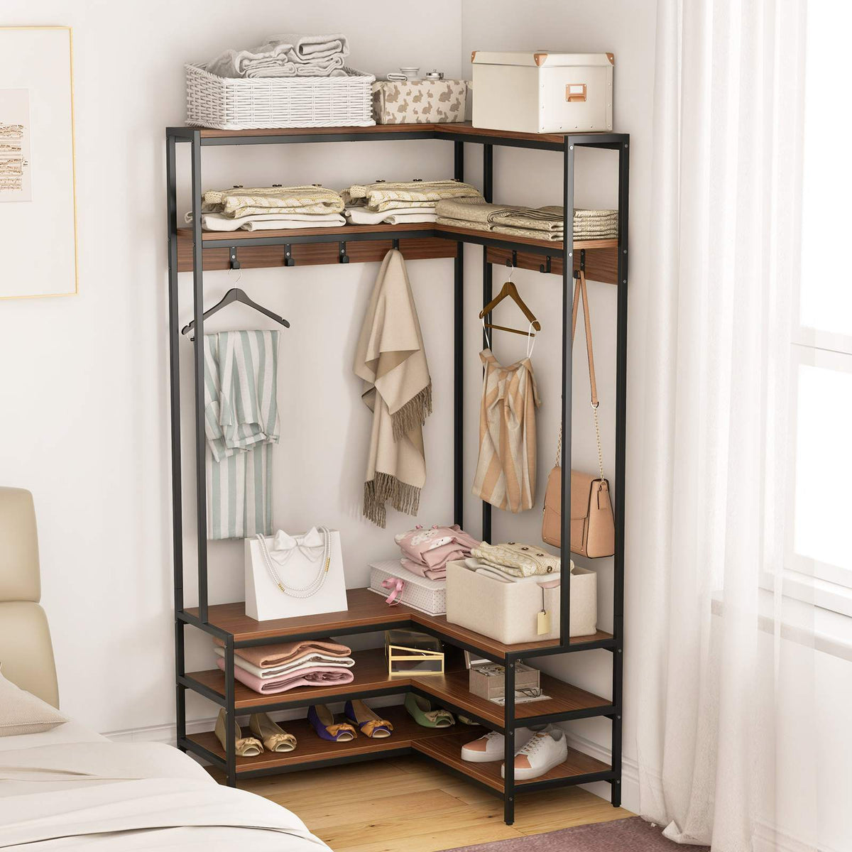 L-shaped Corner Garment Rack Clothes Rack Storage Organizer with Shoe Bench