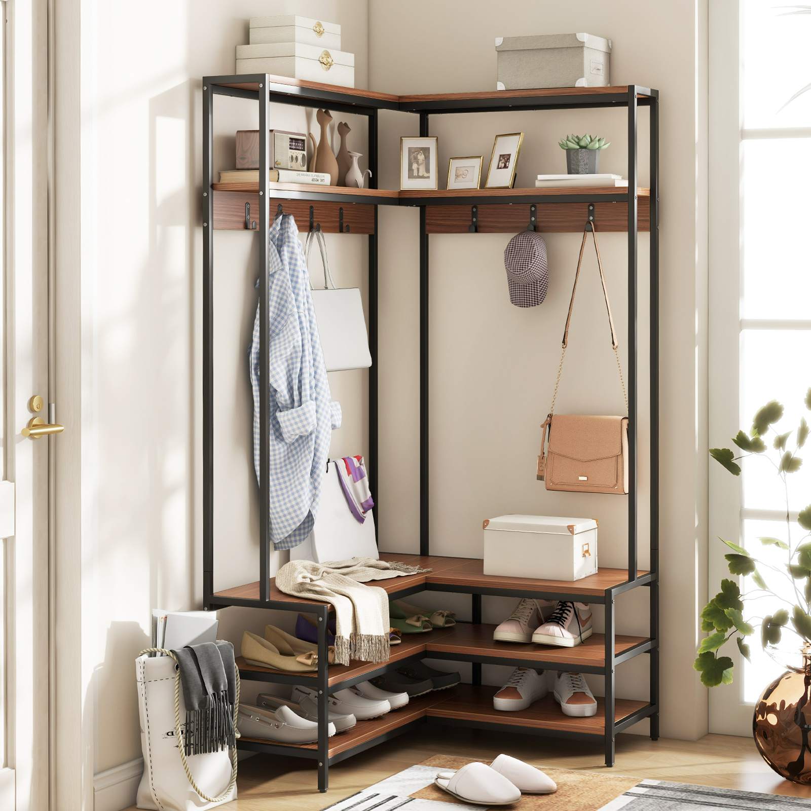 L-shaped Corner Garment Rack Clothes Rack Storage Organizer with Shoe Bench