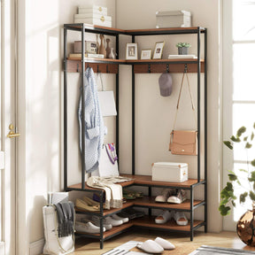 L-shaped Corner Garment Rack Clothes Rack Storage Organizer with Shoe Bench