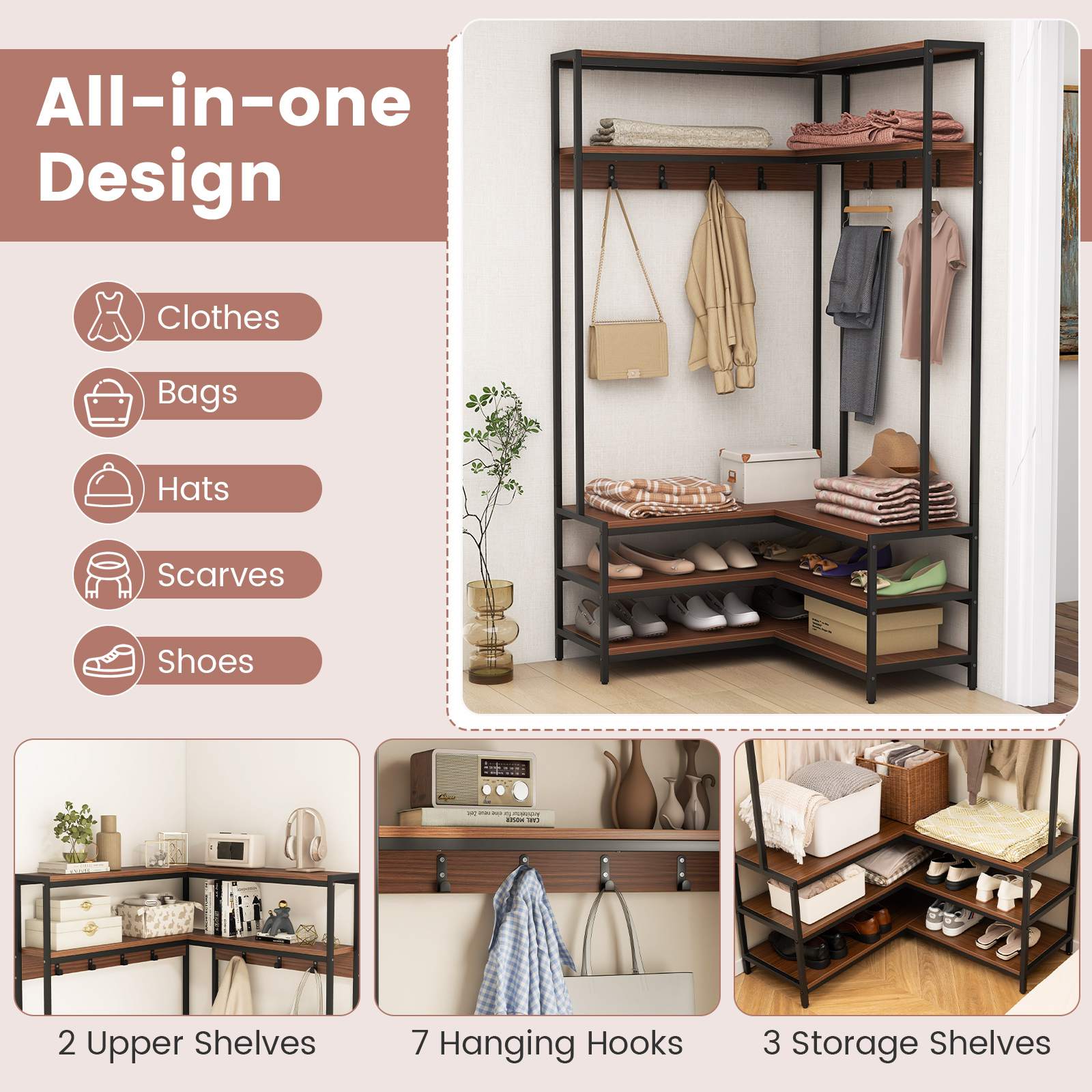 L-shaped Corner Garment Rack Clothes Rack Storage Organizer with Shoe Bench