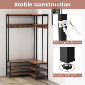 L-shaped Corner Garment Rack Clothes Rack Storage Organizer with Shoe Bench