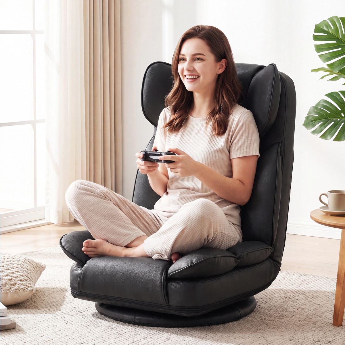 360 Degree Swivel Floor Gaming Chair, Folding Lazy Lounger Couch with 6-Position Adjustable Backrest & Sponge Filling