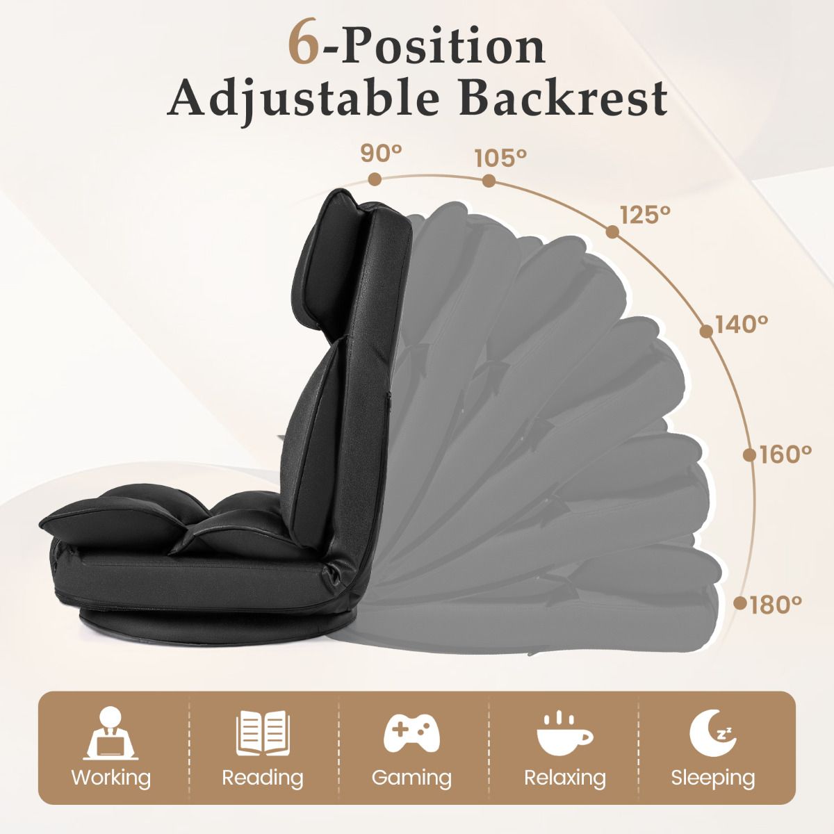 360 Degree Swivel Floor Gaming Chair, Folding Lazy Lounger Couch with 6-Position Adjustable Backrest & Sponge Filling