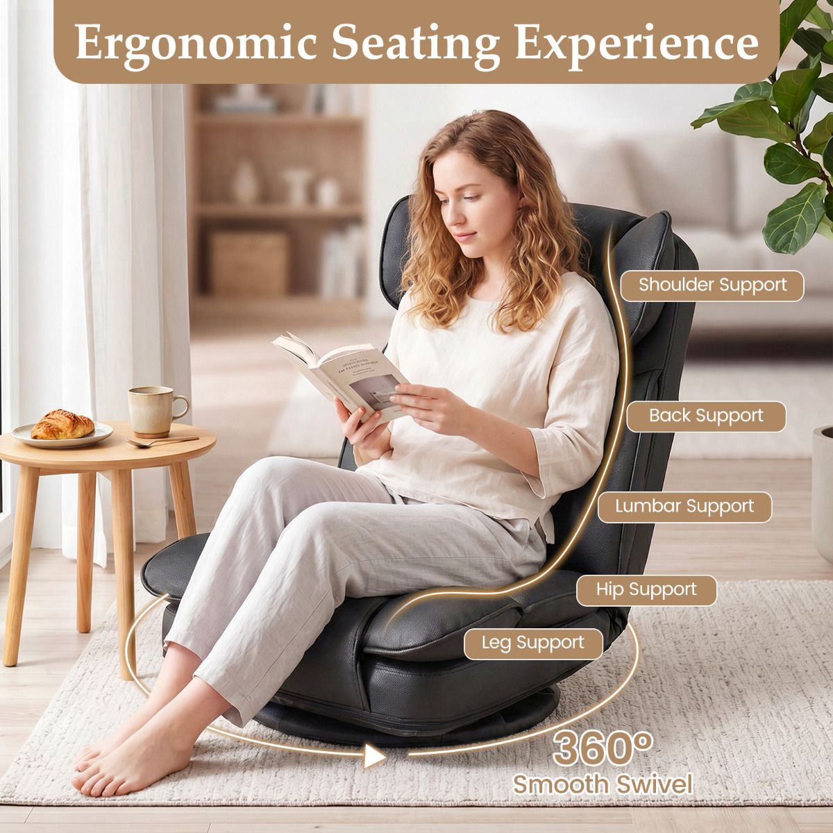 360 Degree Swivel Floor Gaming Chair, Folding Lazy Lounger Couch with 6-Position Adjustable Backrest & Sponge Filling