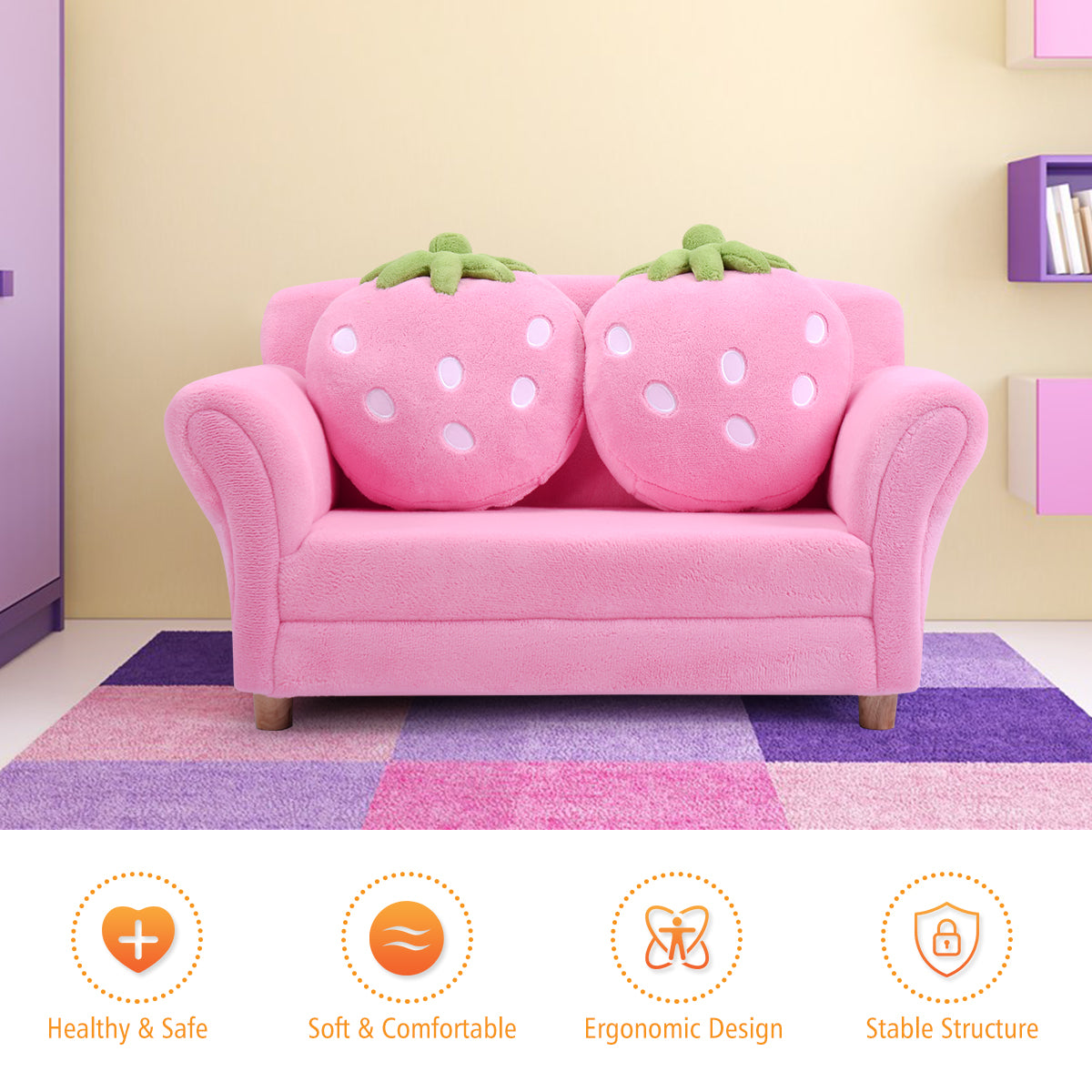 2-Seat Kids Sofa Children Lounge Bed with 2 Cute Strawberry Pillows