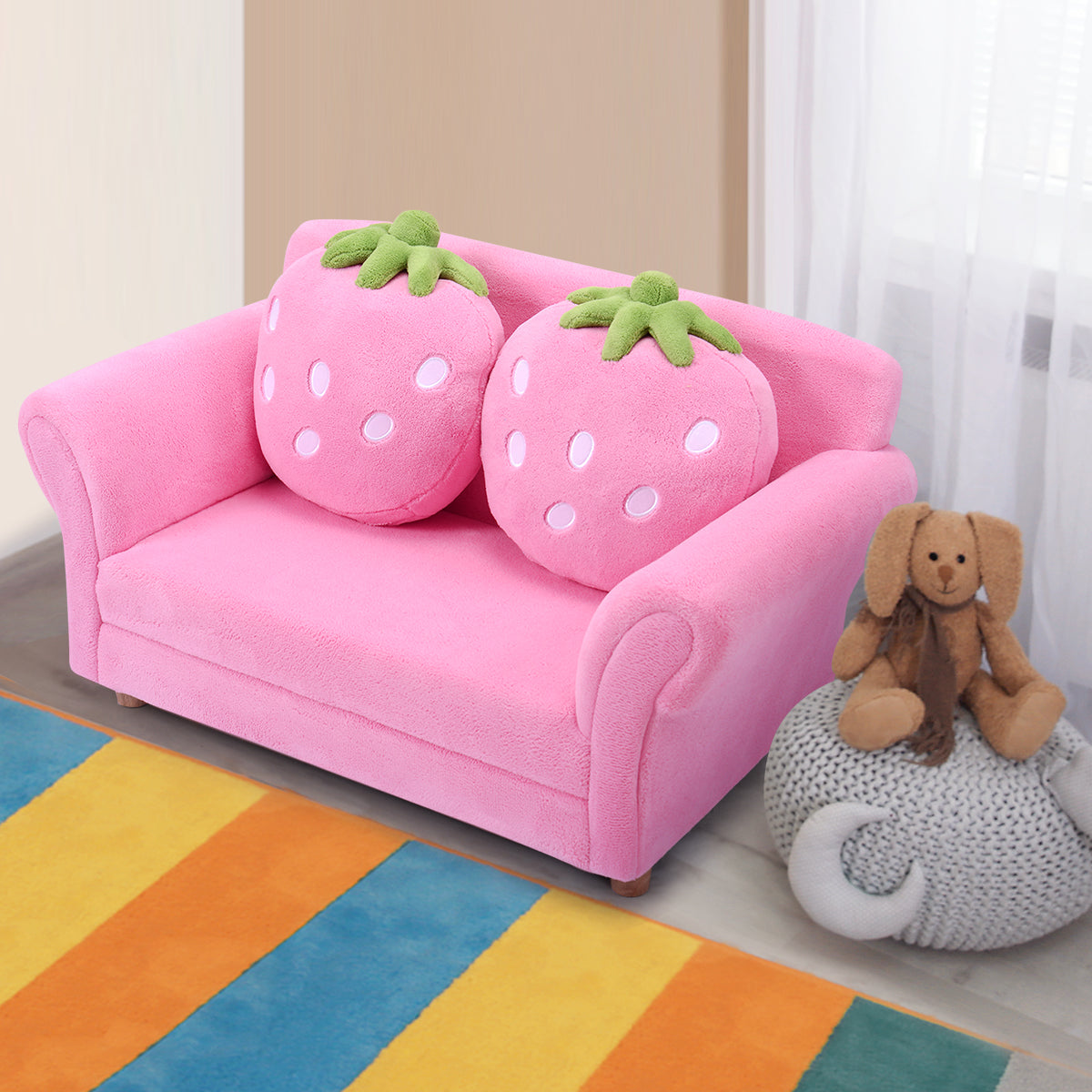 2-Seat Kids Sofa Children Lounge Bed with 2 Cute Strawberry Pillows