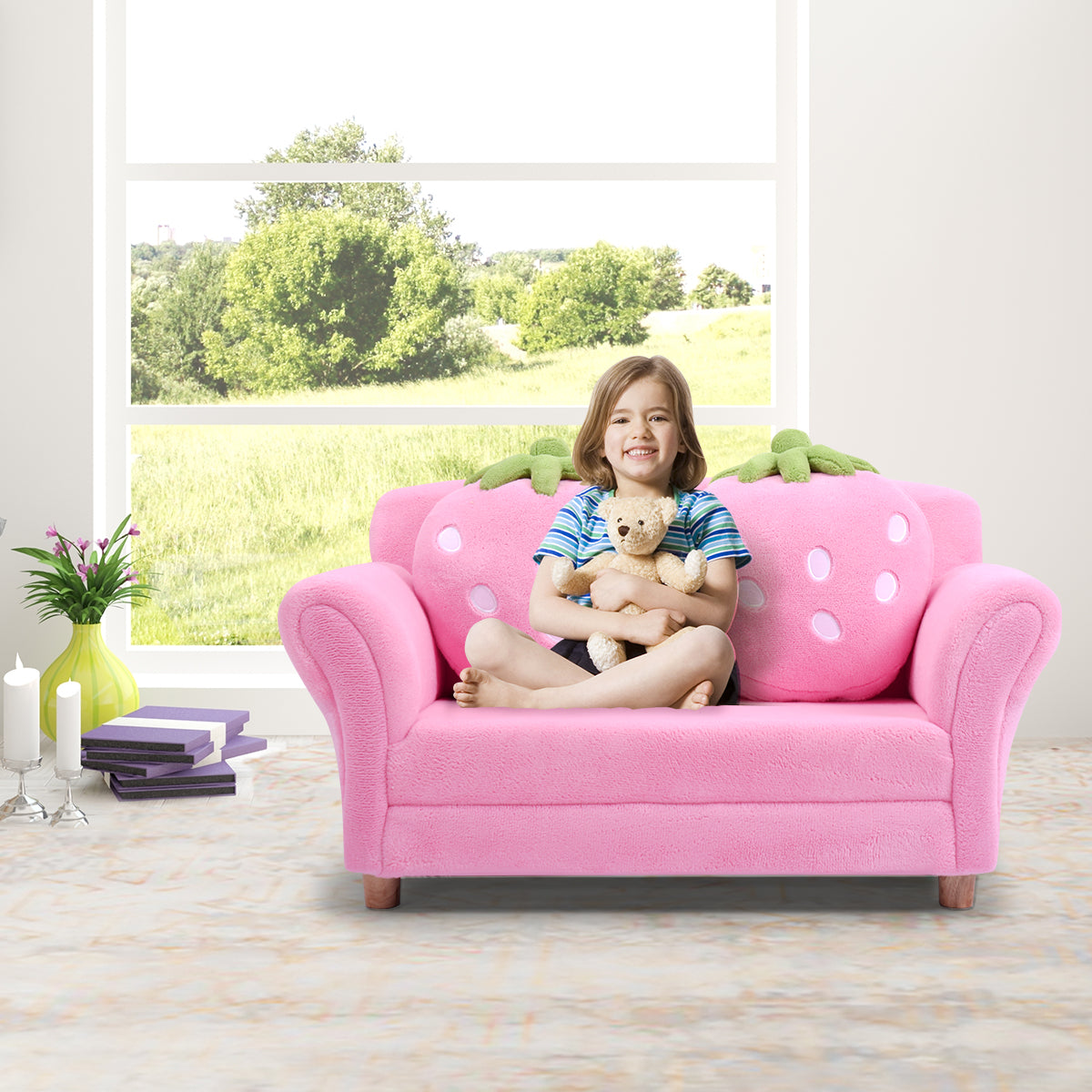 2-Seat Kids Sofa Children Lounge Bed with 2 Cute Strawberry Pillows