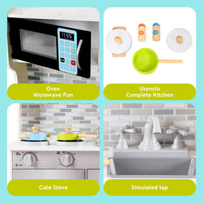 Wooden Toy Kitchen Playset with Microwave for Age 3+