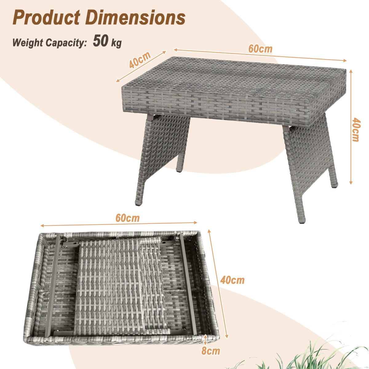 Outdoor Folding Wicker Side Table with Fixing Screws & Metal Frame