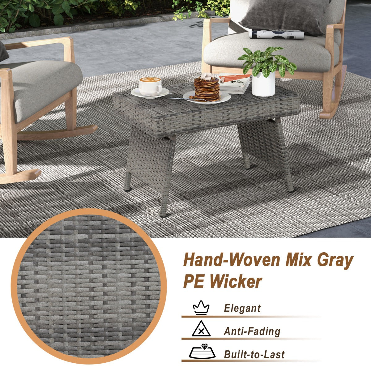 Outdoor Folding Wicker Side Table with Fixing Screws & Metal Frame