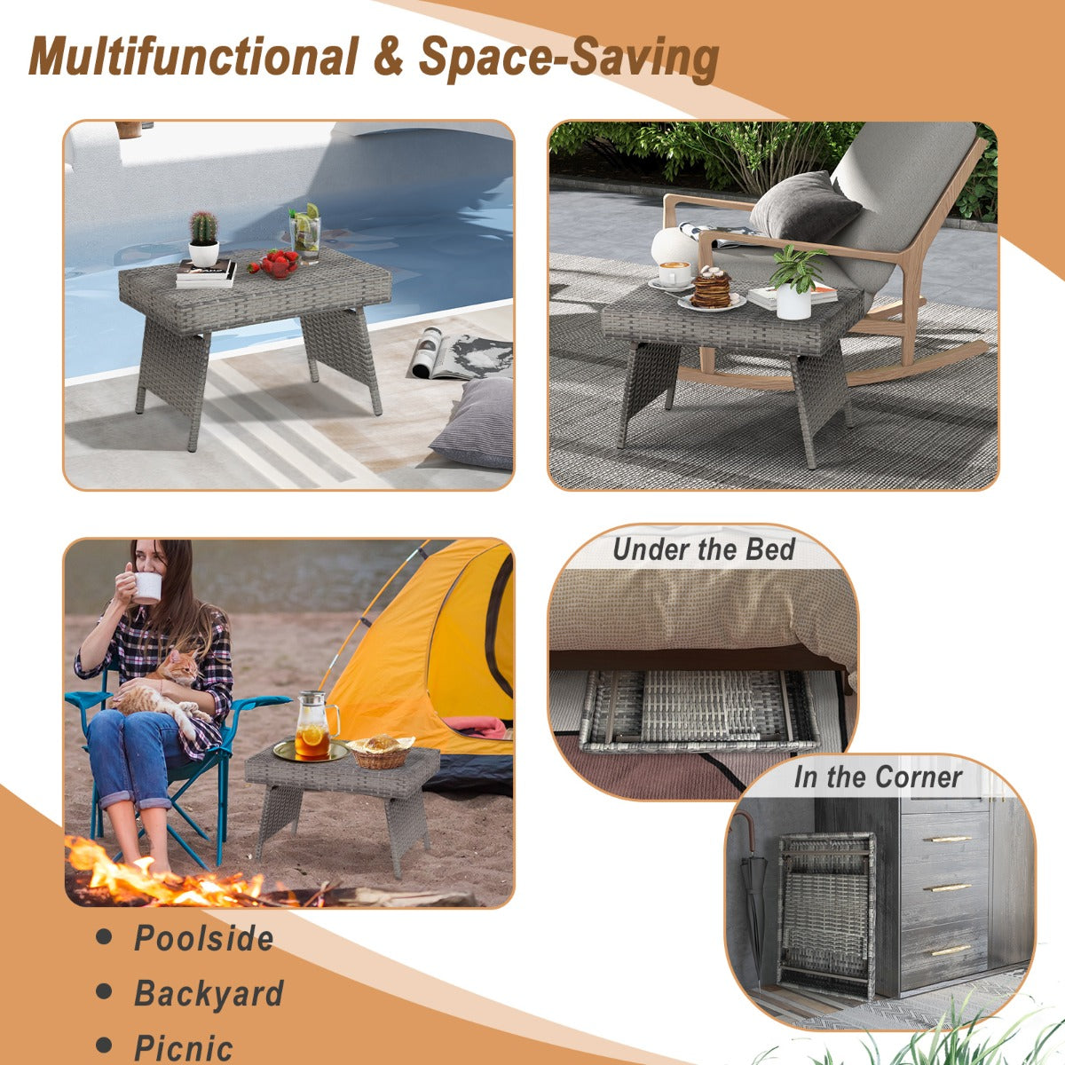 Outdoor Folding Wicker Side Table with Fixing Screws & Metal Frame