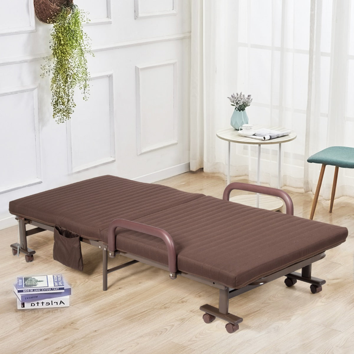 Folding Single Guest Bed with Mattress & Metal Frame