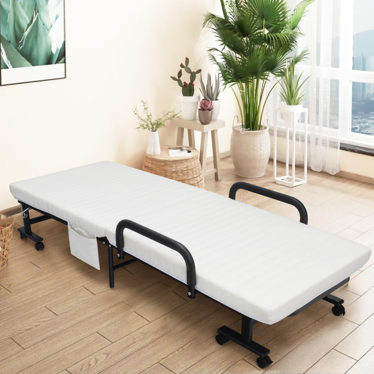 Folding Single Guest Bed with Mattress & Metal Frame