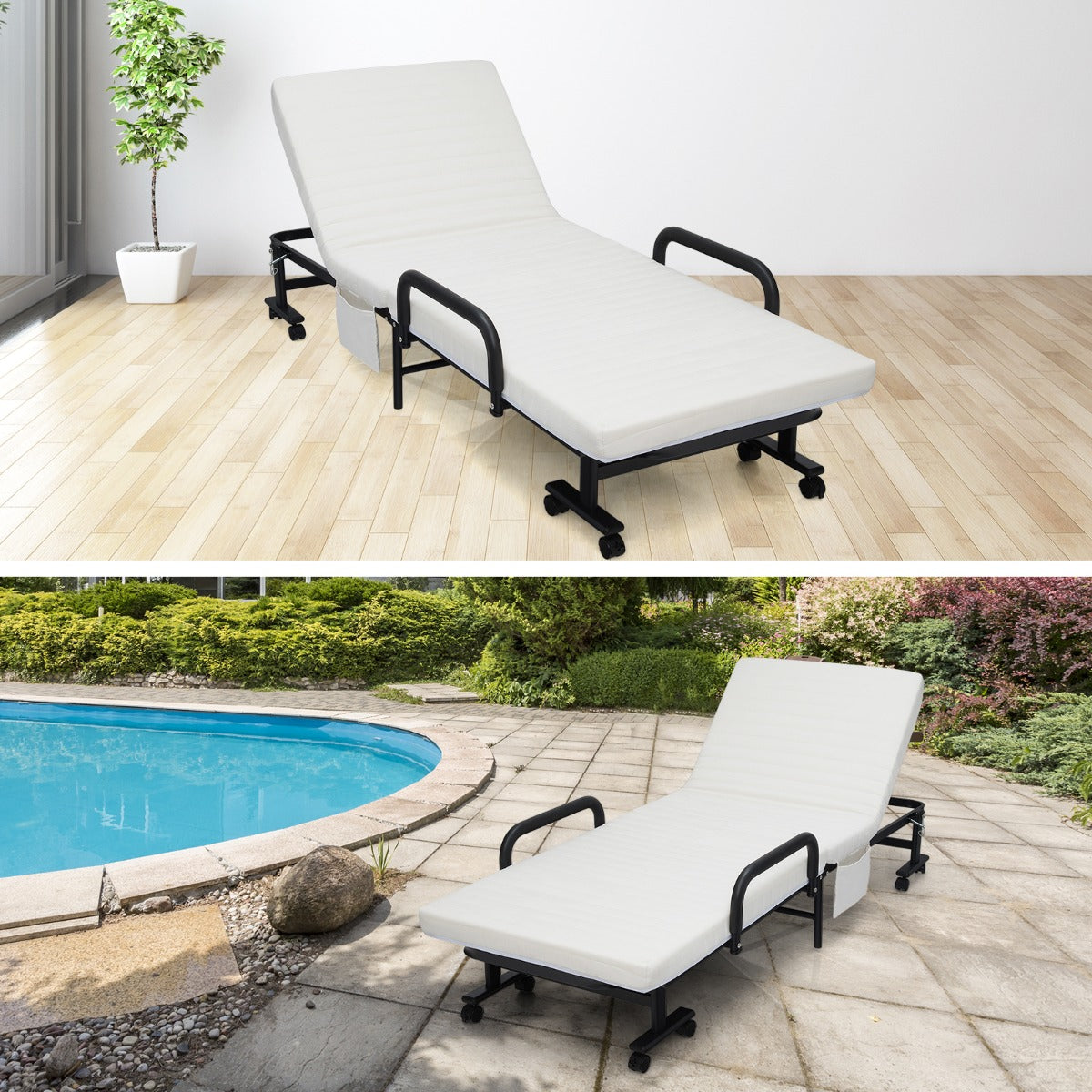 Folding Single Guest Bed with Mattress & Metal Frame