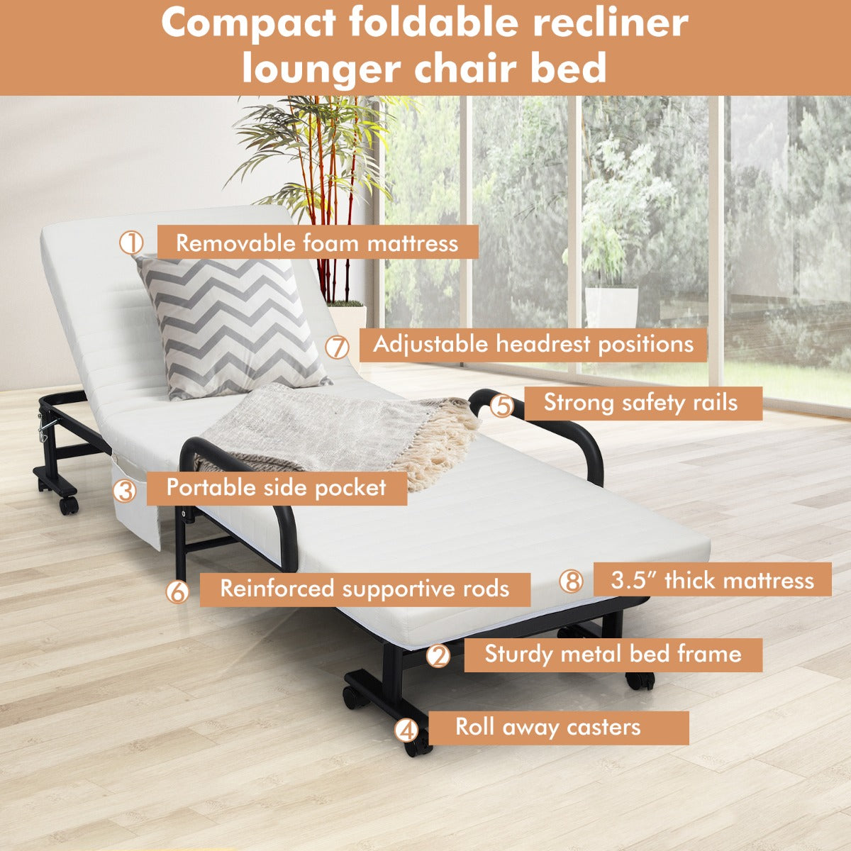 Folding Single Guest Bed with Mattress & Metal Frame