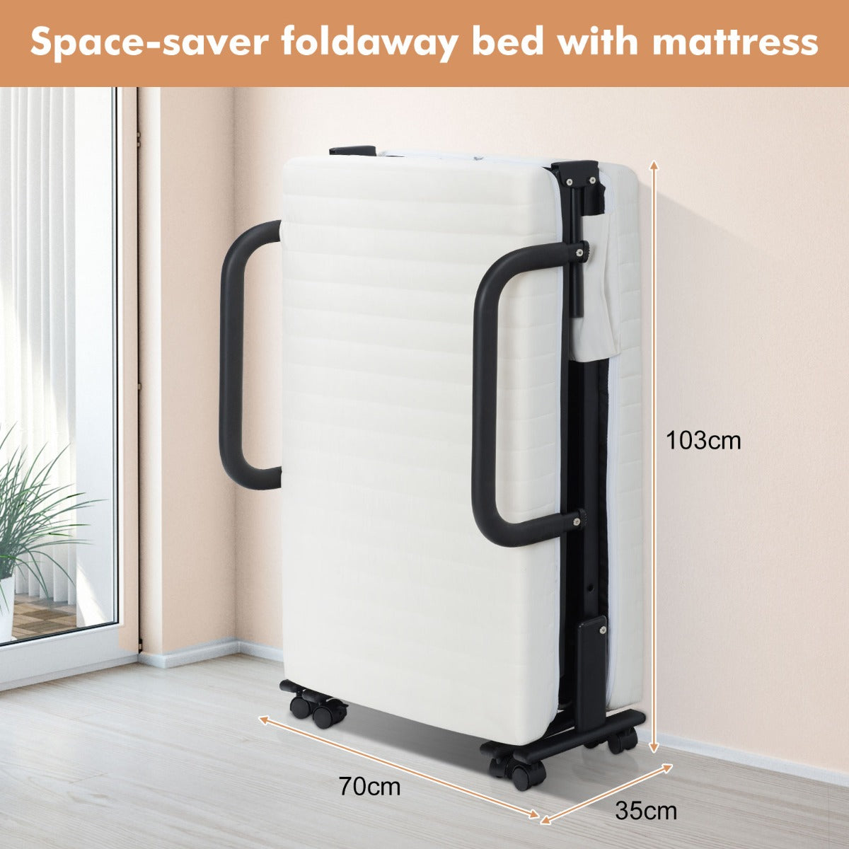 Folding Single Guest Bed with Mattress & Metal Frame