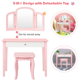 Kids Makeup Table Stool Set with Tri-folding Mirror for Bedroom