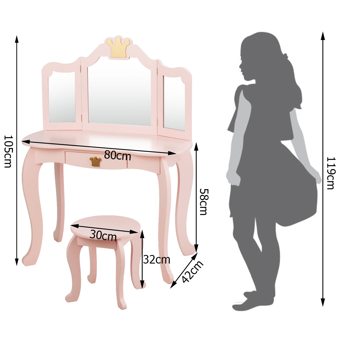 Kids Vanity Table and Chair Set with Drawer & Mirror for Girls