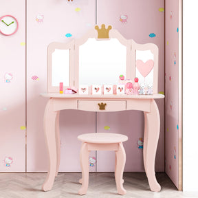Kids Vanity Table and Chair Set with Drawer & Mirror for Girls
