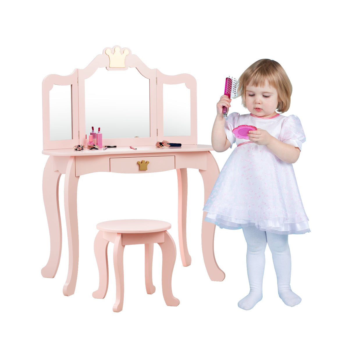 Kids Vanity Table and Chair Set with Drawer & Mirror for Girls