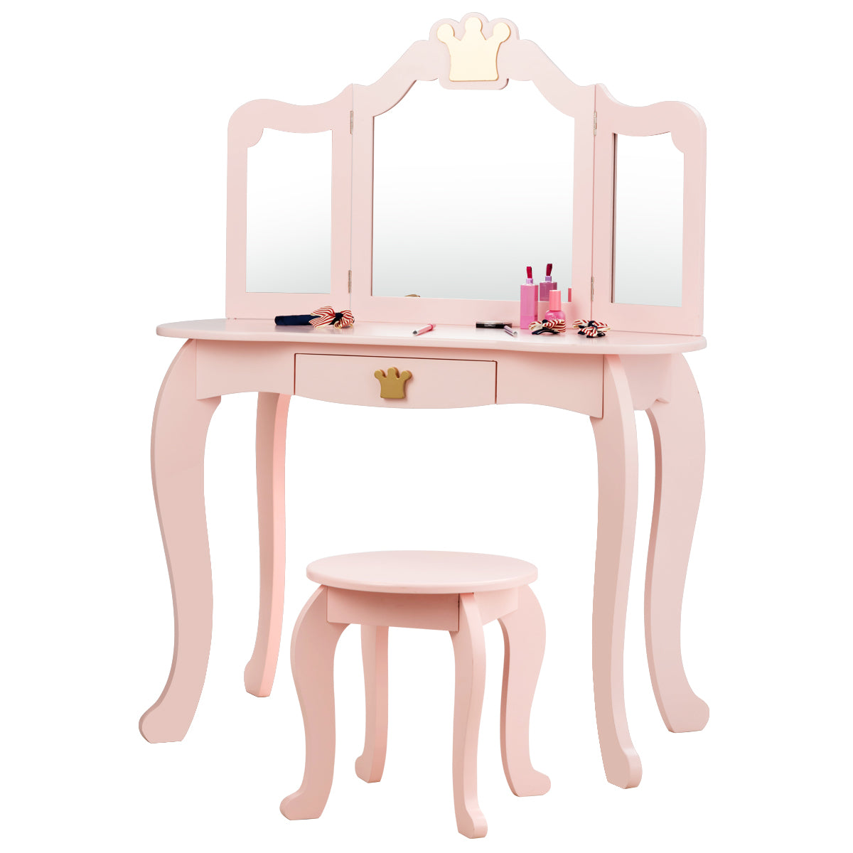 Kids Vanity Table and Chair Set with Drawer & Mirror for Girls