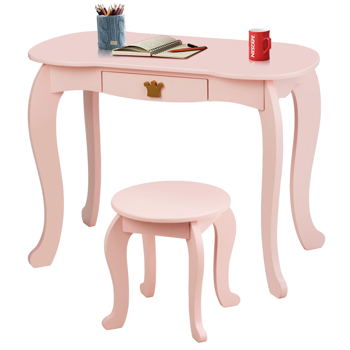 Kids Vanity Table and Chair Set with Drawer & Mirror for Girls