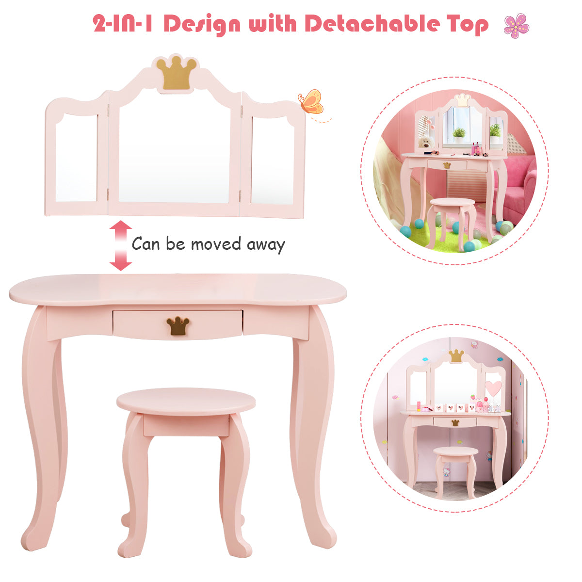 Kids Vanity Table and Chair Set with Drawer & Mirror for Girls