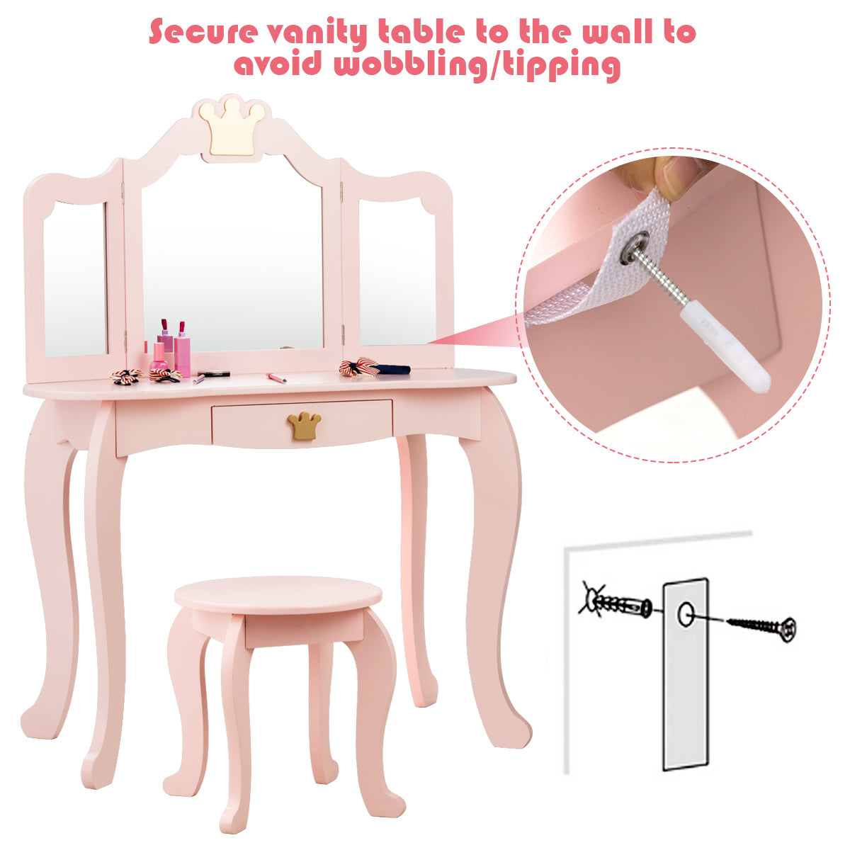 Kids Vanity Table and Chair Set with Drawer & Mirror for Girls