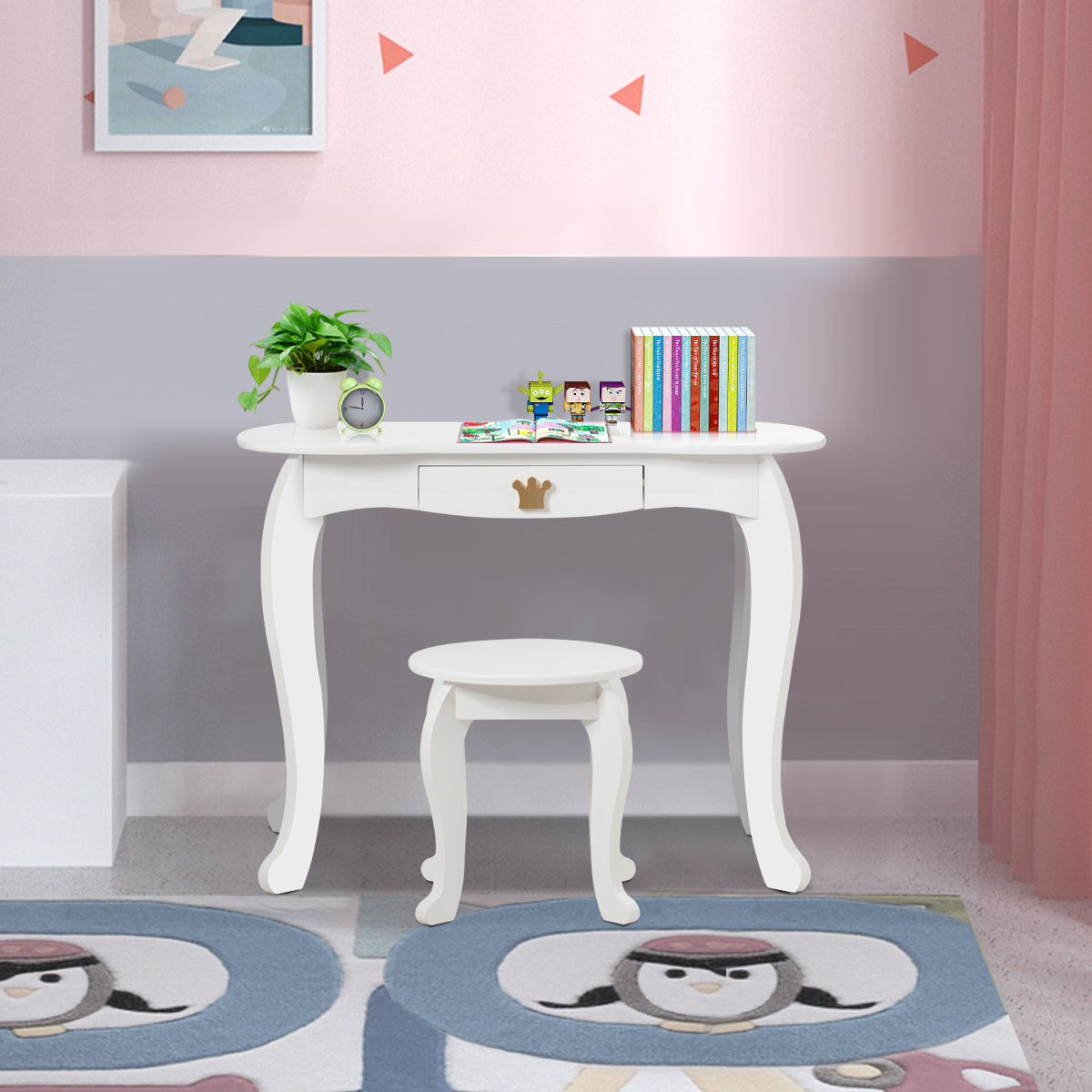 Kids Vanity Table and Chair Set with Drawer & Mirror for Girls