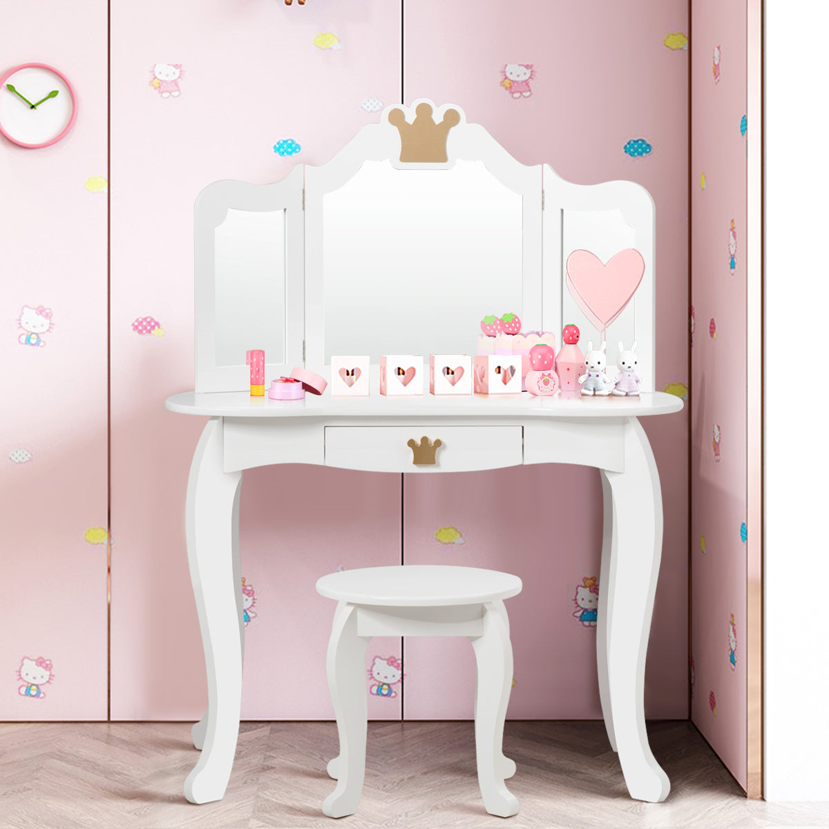 Kids Vanity Table and Chair Set with Drawer & Mirror for Girls