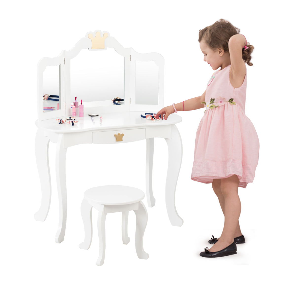 Kids Vanity Table and Chair Set with Drawer & Mirror for Girls