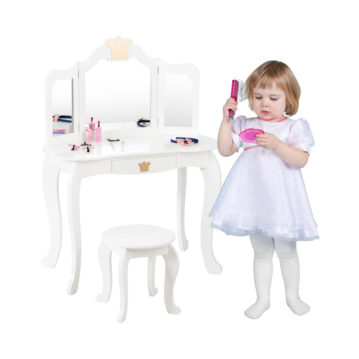 Kids Vanity Table and Chair Set with Drawer & Mirror for Girls