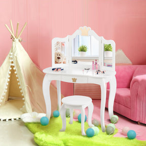 Kids Vanity Table and Chair Set with Drawer & Mirror for Girls