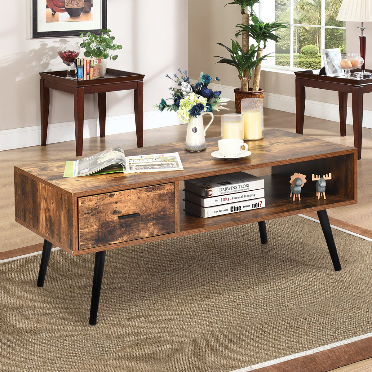 Mid-Century Modern Coffee Table with 1 Drawer & Storage Shelf
