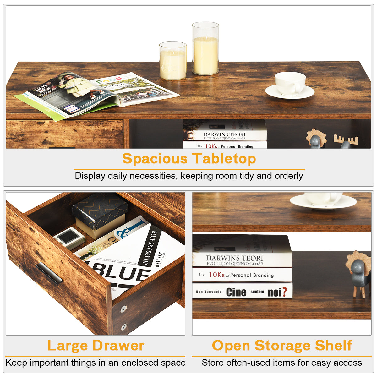 Mid-Century Modern Coffee Table with 1 Drawer & Storage Shelf