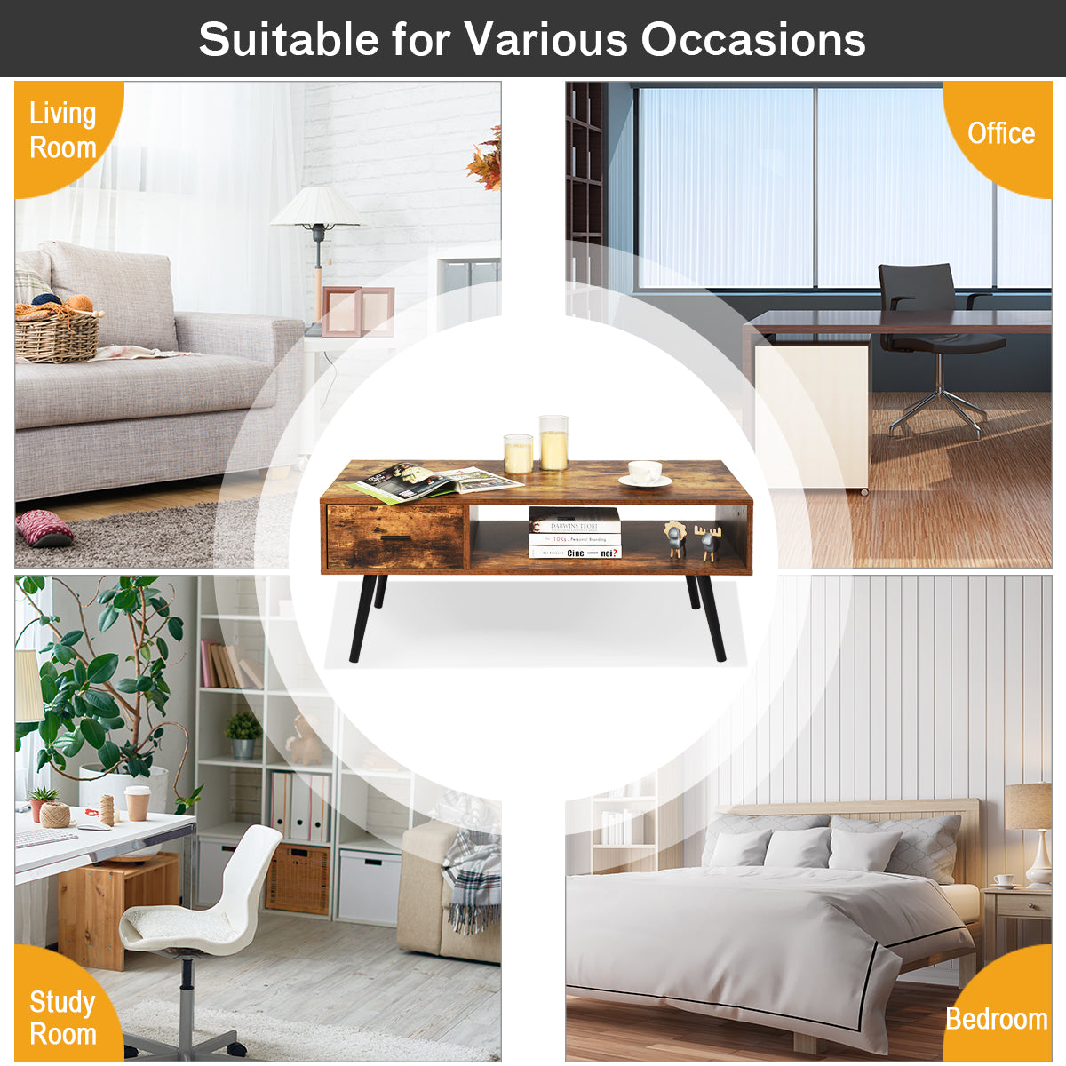 Mid-Century Modern Coffee Table with 1 Drawer & Storage Shelf