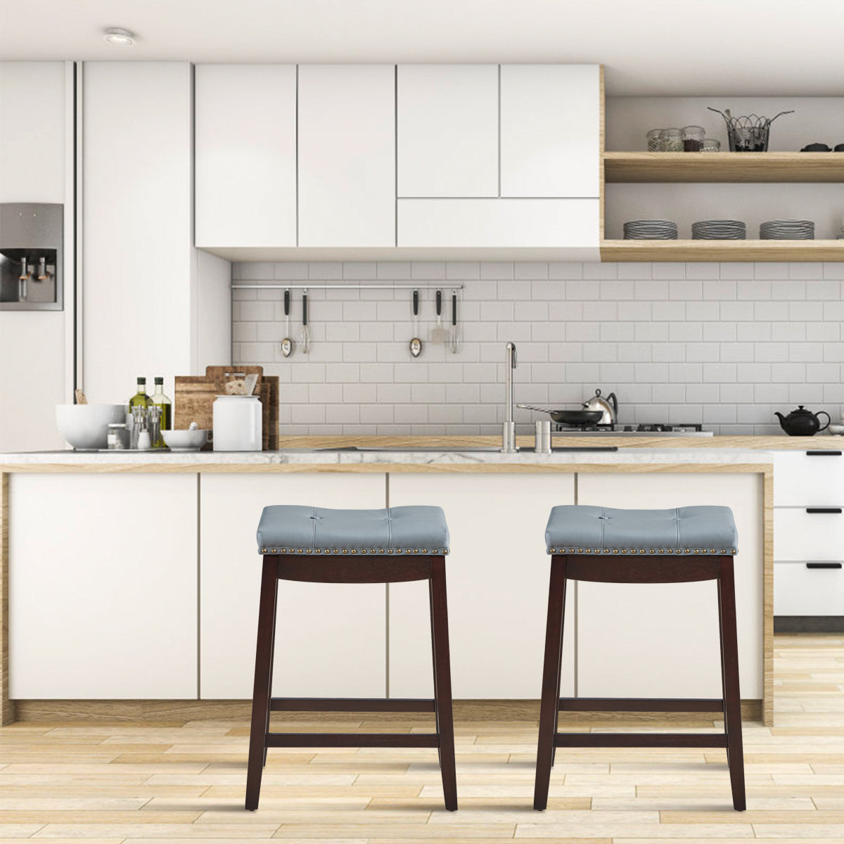 64 cm Backless Nailhead Bar Stool with Counter Height for Dining Room