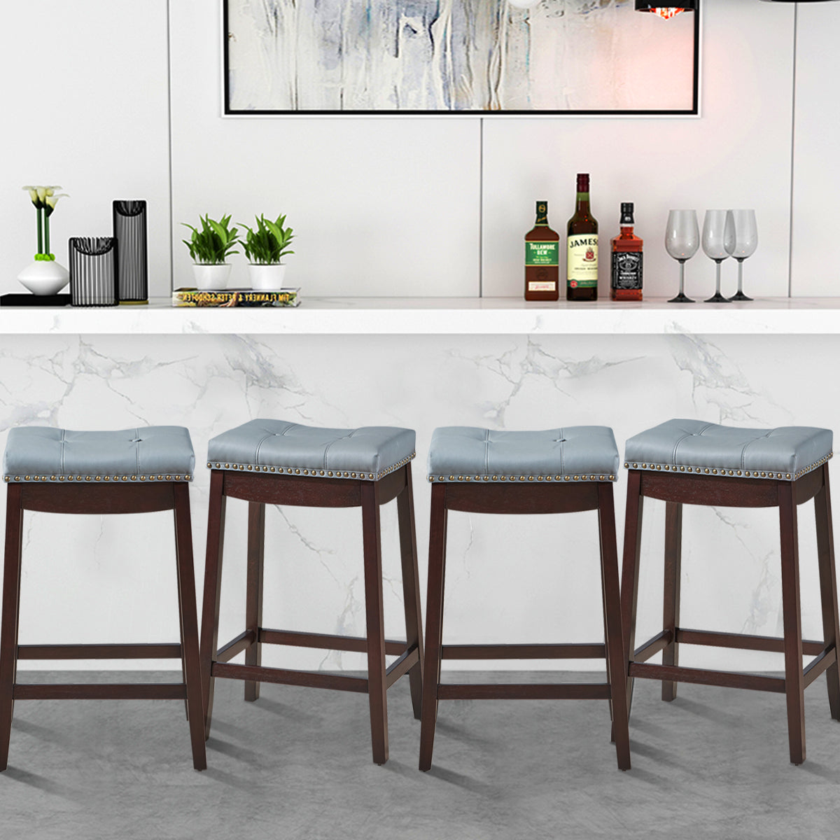 64 cm Backless Nailhead Bar Stool with Counter Height for Dining Room