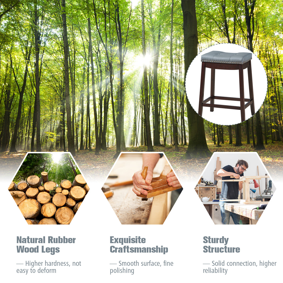 64 cm Backless Nailhead Bar Stool with Counter Height for Dining Room