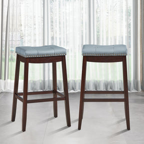 74cm Backless Nailhead Bar Stool with Natural Rubber Wood Legs for Dining Room