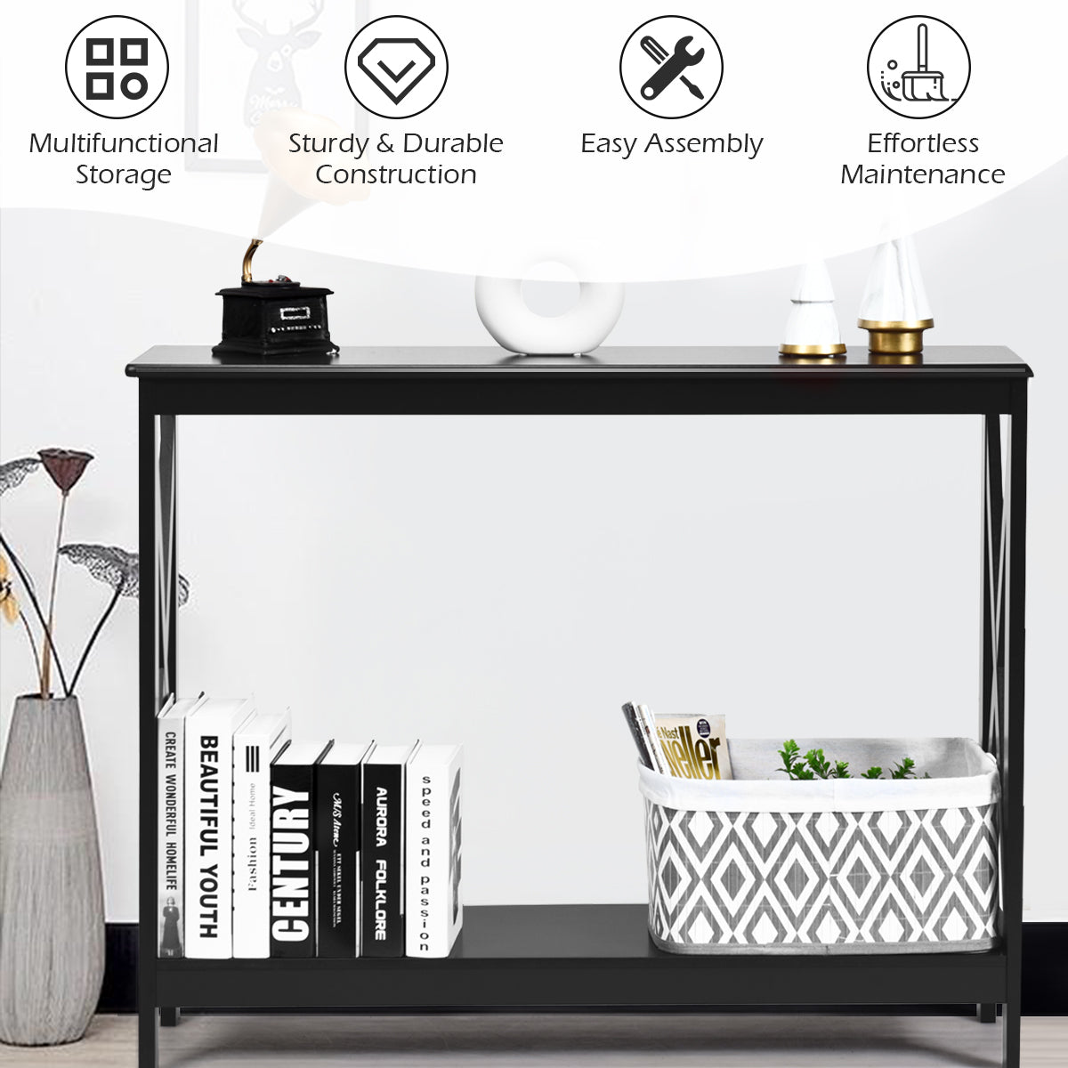 Industrial 2-Tier Narrow Console Table with Storage Shelf for Entryway