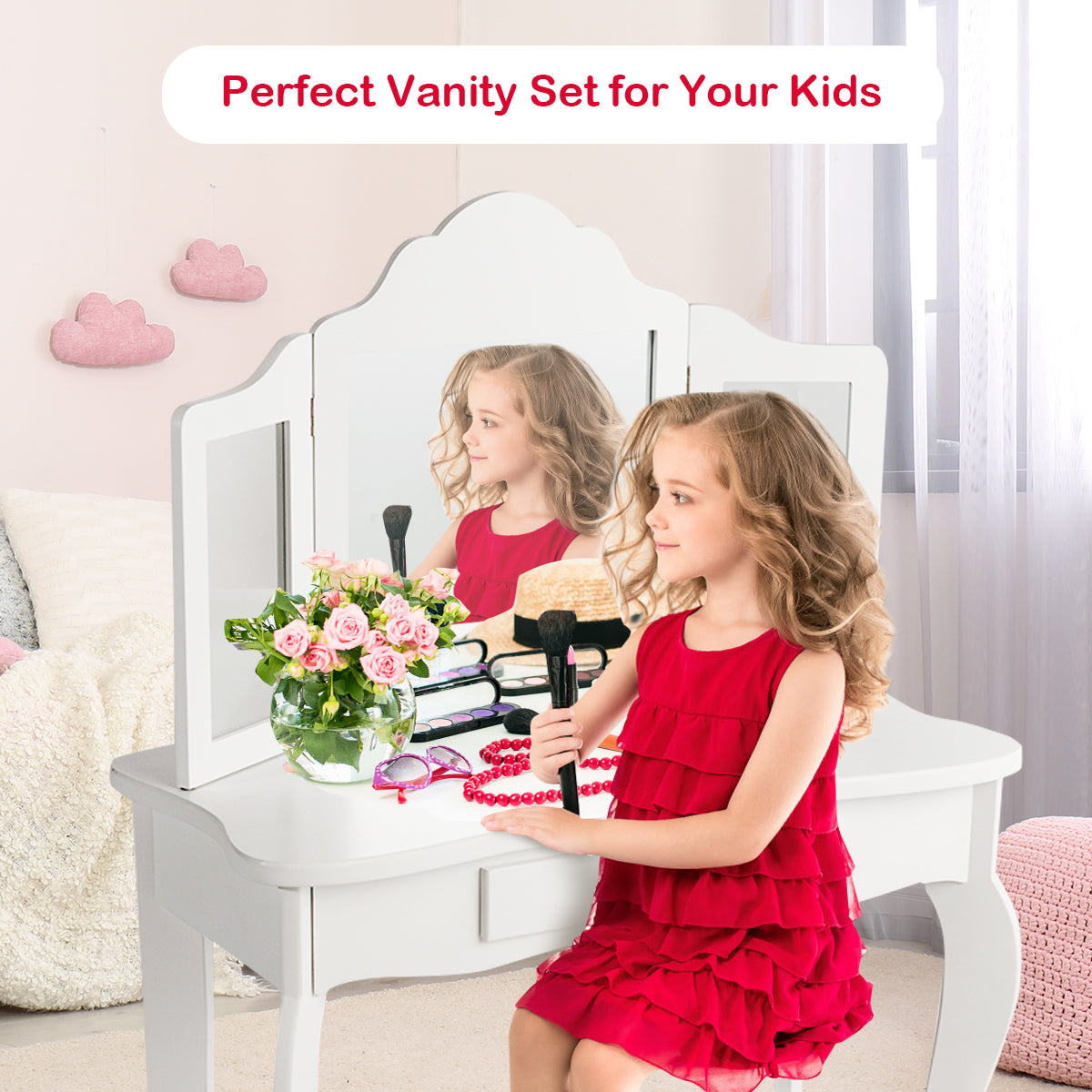 Kids Dressing Table Set with Stool & Mirror for Children Ages 3-7