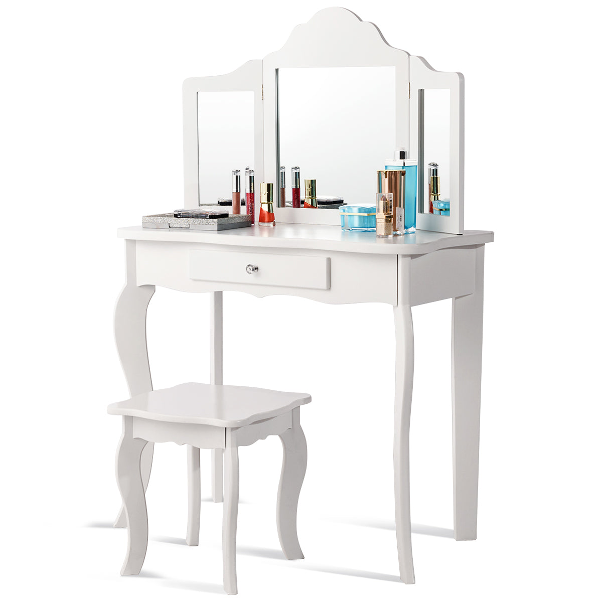 Kids Dressing Table Set with Stool & Mirror for Children Ages 3-7